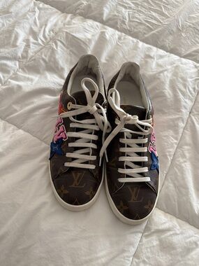 Designer Brown Monogram Athletic Sneakers with Pink & Blue Accents